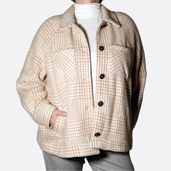 Greylin Jackets & Blazers - Greylin Cozy Houndstooth Shacket Jacket Tan Cream Plaid Oversized Plus 2X‎ XXL